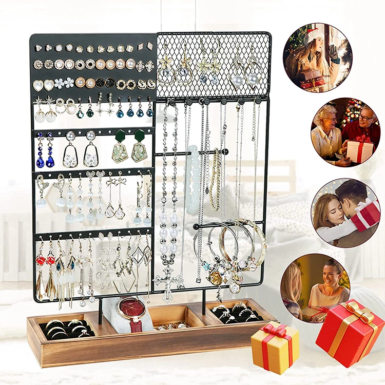 Jewelry Organizer Stand,Earring Organizer with 84 Holes Ear Stud,Jewelry Organizer Holder with Wooden Tray for Earrings Necklace