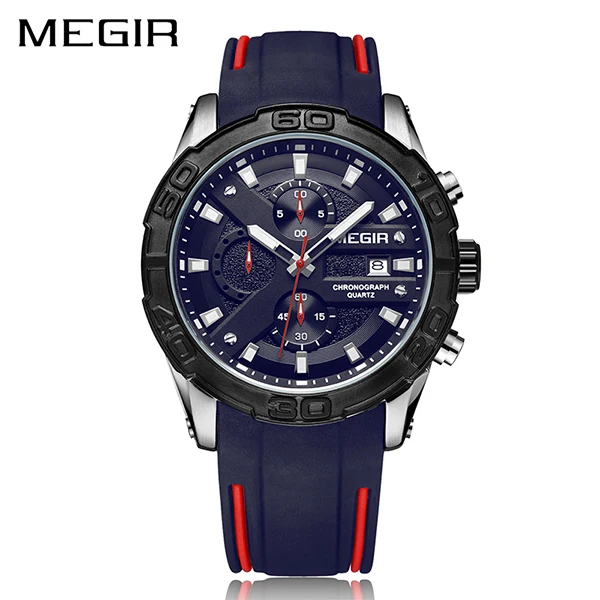 MEGIR 2055 New Fashion Men Sports Watches Quartz Hour Date Chronograph Silicone Strap Military Wrist Watch