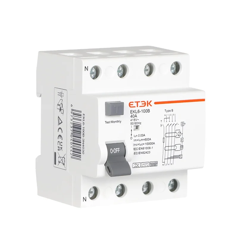 ETEK  EKL6-100B Type 2P 1P+N 3P+N 4P 25A 40A 63A 100A 30MA 300mA B Type RCCB RCD