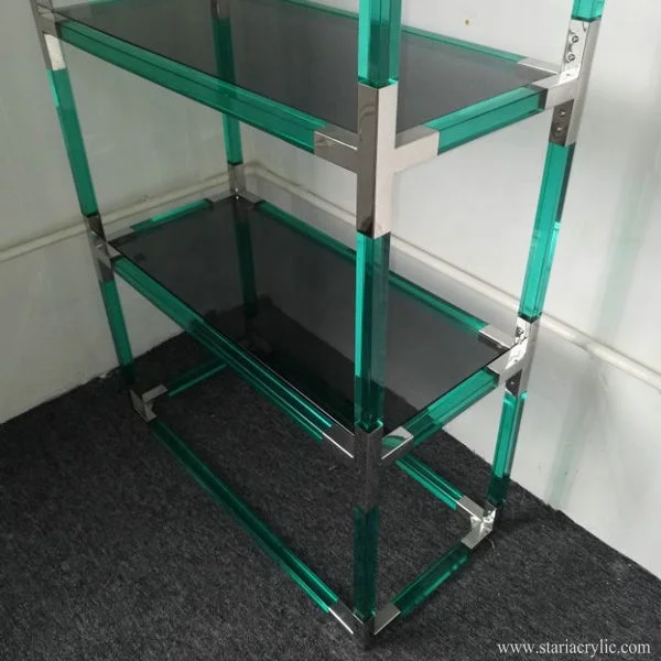 Stari Factory Wholesale Green Tinted Acrylic and Gold Stainless Steel Bookshelf Lucite BookCase