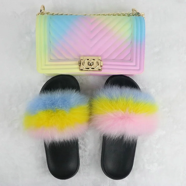 100%Real Fox Fur Slippers Women Fur Slides Rainbow Shoe Cute Fur Flip Flops Women Travel Furry Shoes Jelly Bags Set Fashion Bags