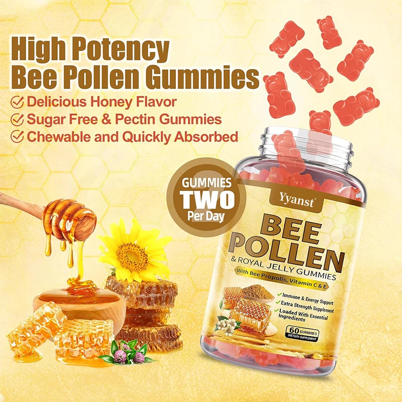 Private Label 100% Natural Bee Pollen with Royal Jelly Gummies Skin Health Support Boost Energy Bee Pollen Gummies