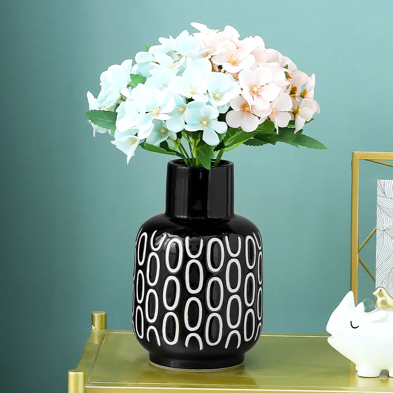  Factory Direct Supply Luxury Black Ceramic Vase Planter with White Oval Design for Home Decoration