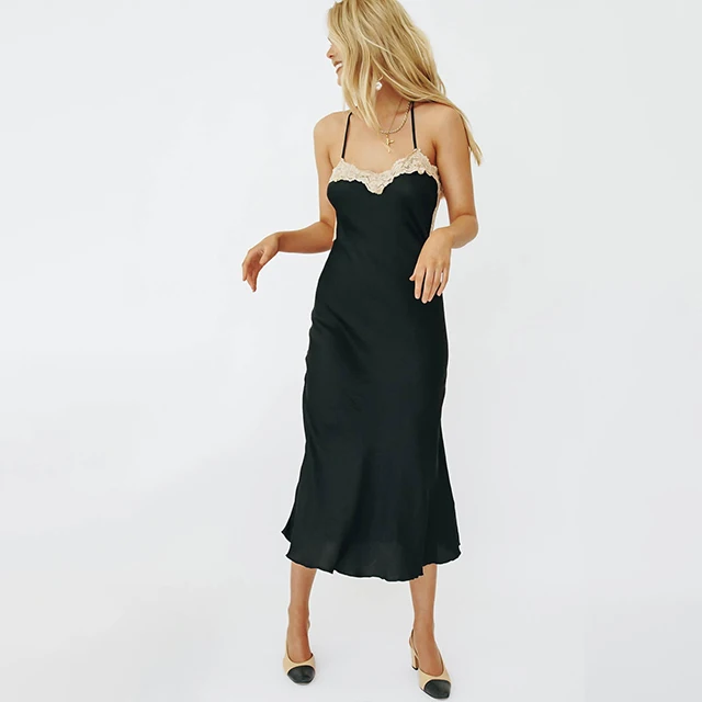 OEM 2022 Custom 100% Polyester Women Slip Dress Black Lace Trim Adjustable Crossover Shoulder Straps Casual Midi Dresses