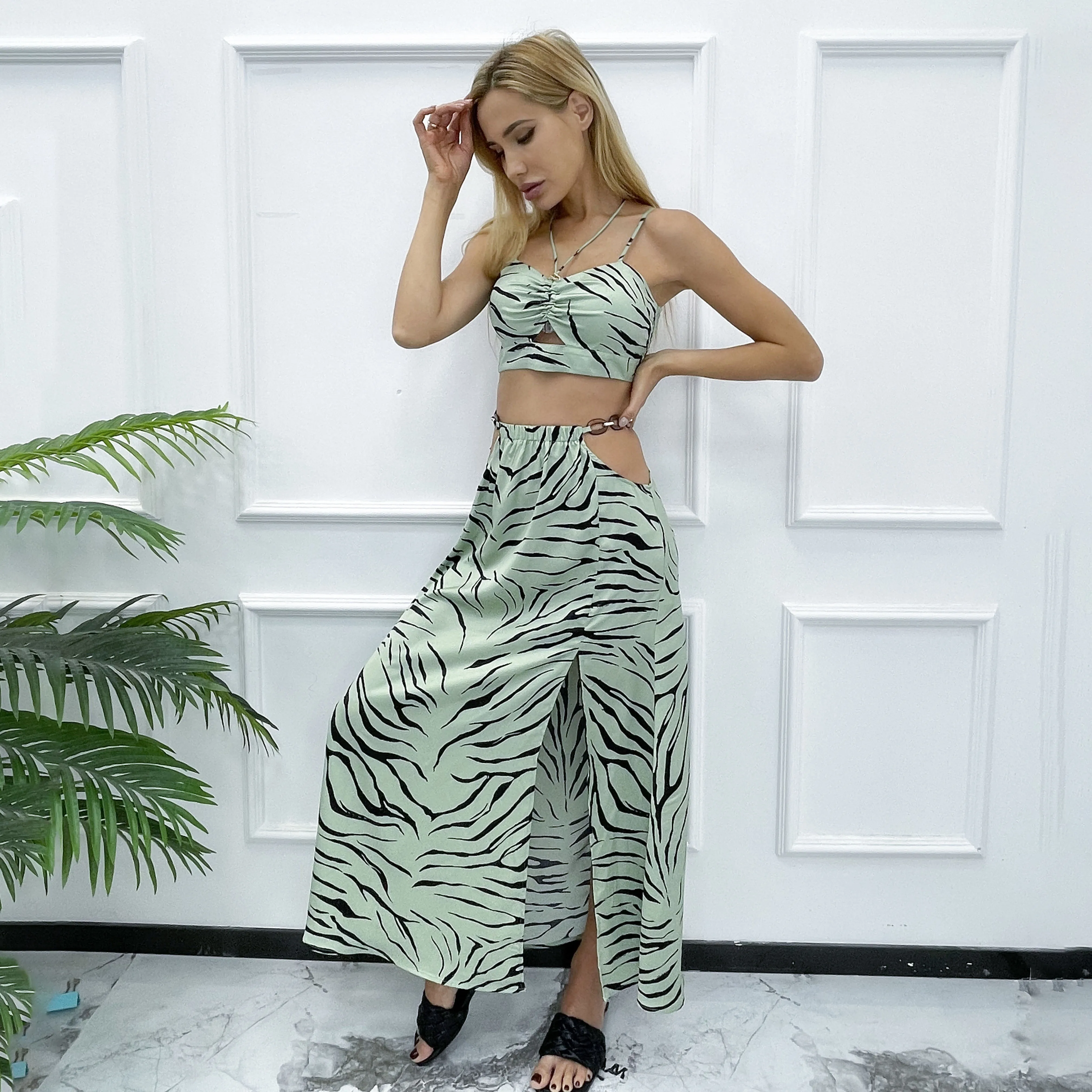 custom 2 piece straps backless Animal pattern bra spilt summer beach casual long dresses women