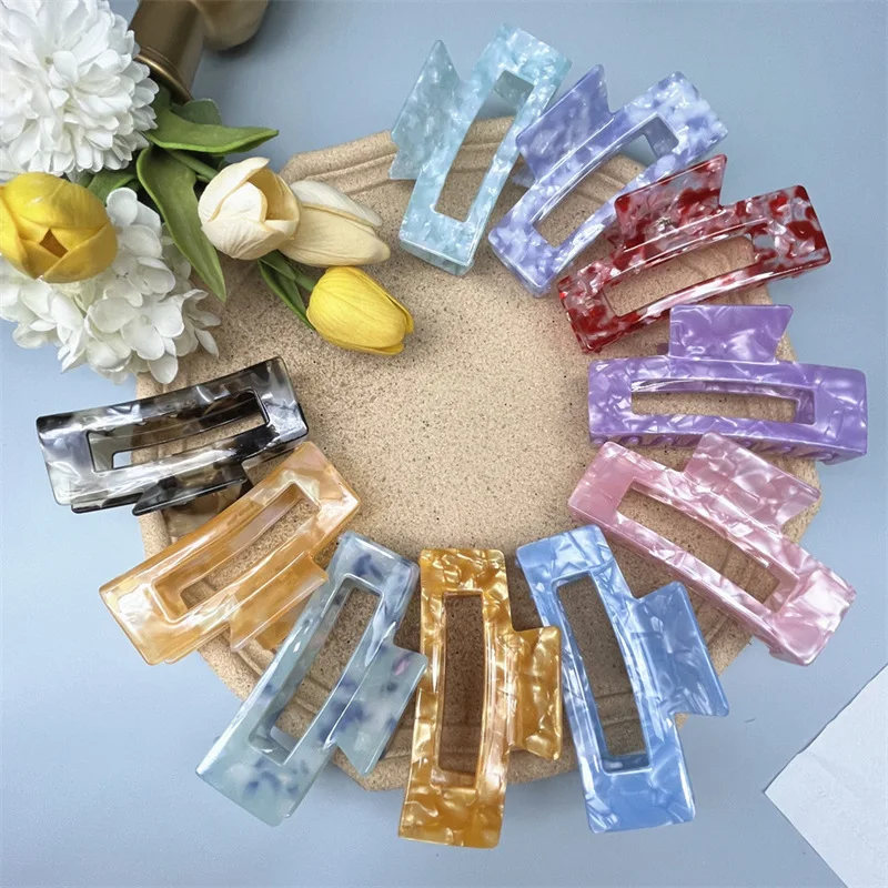 New Arrival Design White Celluloid Tortoise Banana Hair Clips Hollow Square Gold Foiled Acid Acetate Hair Clips For Thick Hair