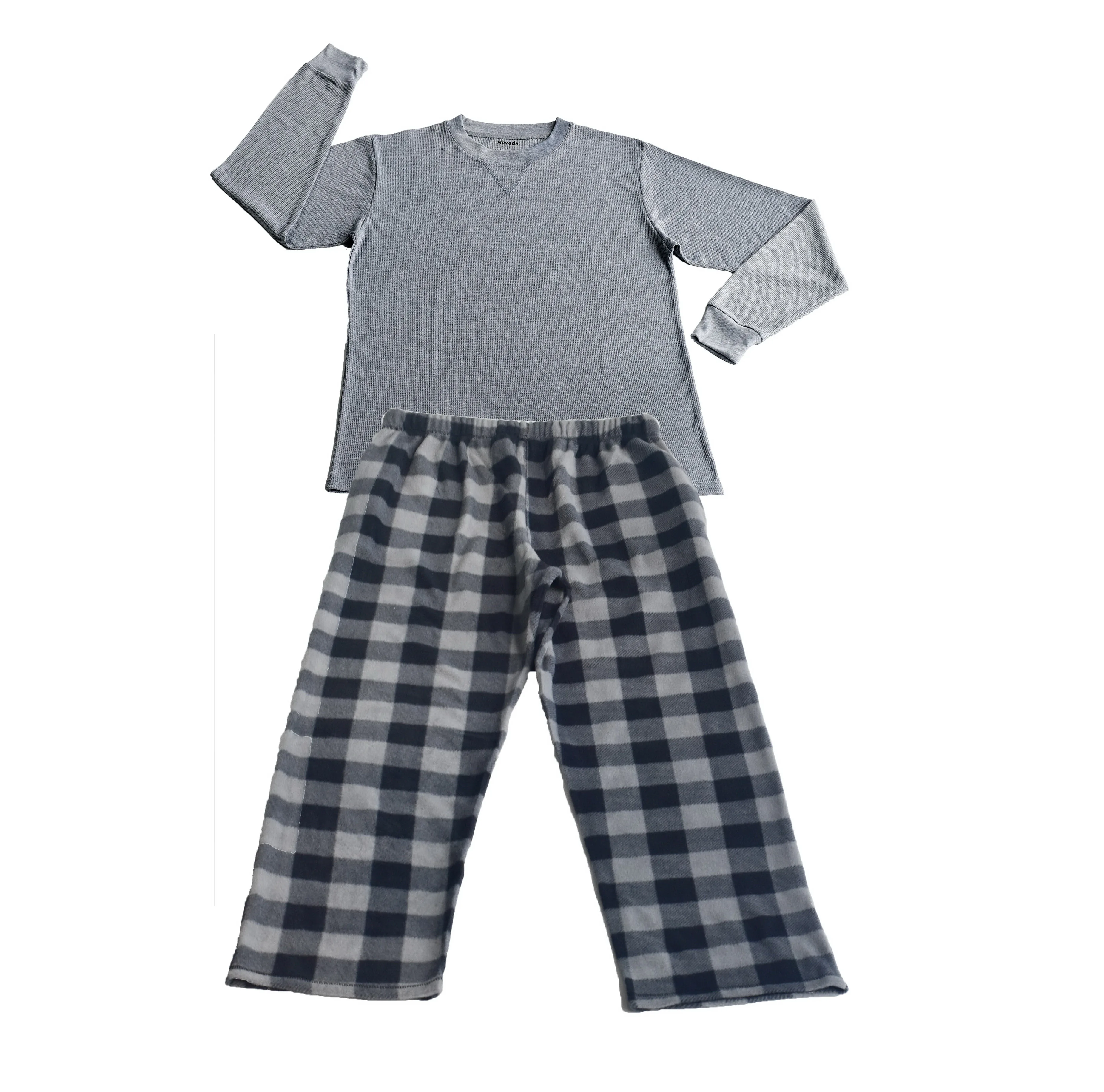 2021 new style wholesale 100% polyester waffle top polar fleece pants winter two piece pajama sets mens thermal underwear set