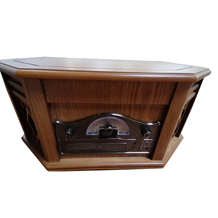 Belt-driven 3-Speed Wooden All-in-one CD/USB/Cassette/BT LP Turntable Vinyl Record Radio Player