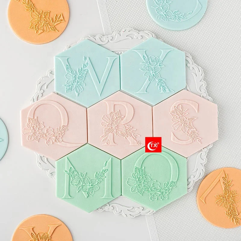 TX Floral Alphabet Embosser Set A-Z With Ampersand Acrylic Fondant Stamp Embosser For Cookies Cupcake and Baking Cake Decoration