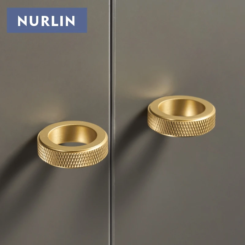 Nurlin Solid Brass Diamond-cut Cross Knurled Circular Ring Cabinet Wardrobe Knobs Furniture Drawer Finger Ring Handle Knurling