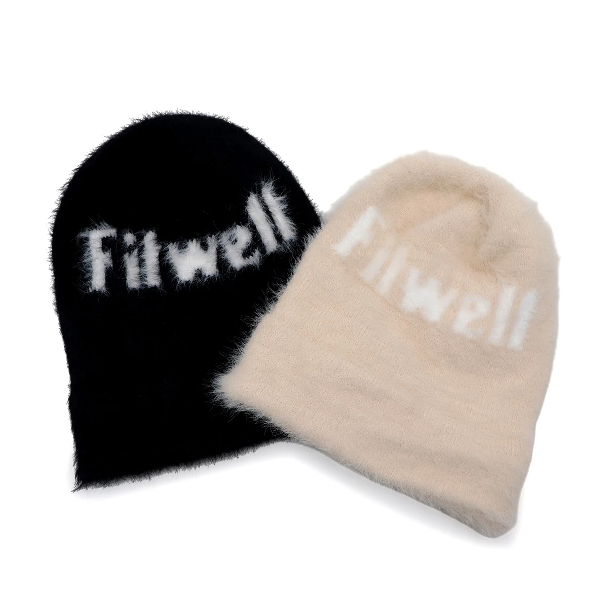 OEM Your Own Logo High Quality Fluffy Furry Fuzzy knit Rabbit Faux Fur Jacquard Custom Mohair Beanie Hats