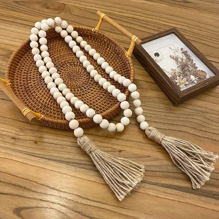 58in Wood Bead Garland with Tassels Farmhouse Beads Rustic Nature Country Decor Prayer Boho Beads Wall Hanging Decoration
