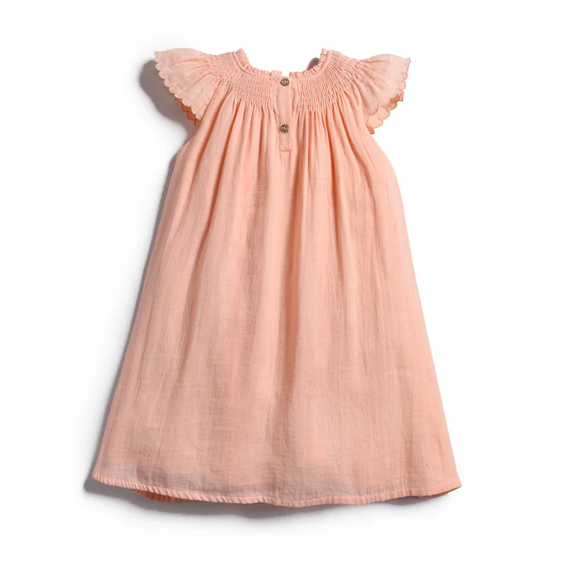 Custom Summer Cotton Floral Princess Dress for Baby Girls Handmade Embroidered Smocked Flying Short Sleeve Sweet Kids Clothing