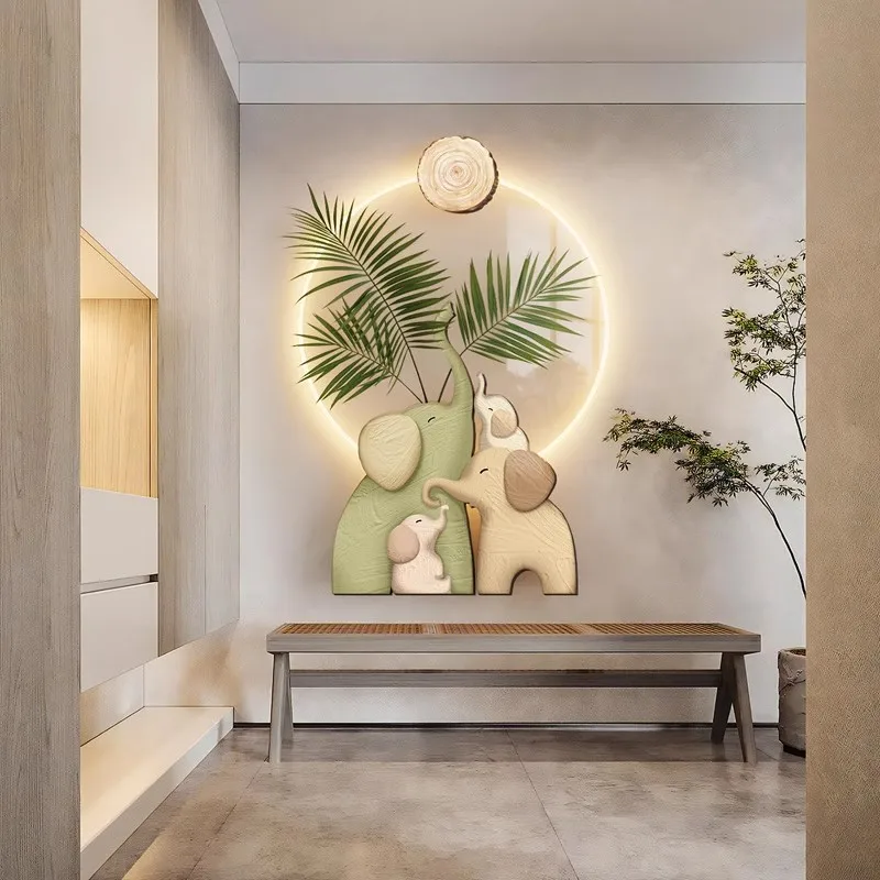Art Decoration LED Acrylic Lamp Painting Animal Still Life UV Printing Crystal Porcelain Wall Decoration Elephant Family