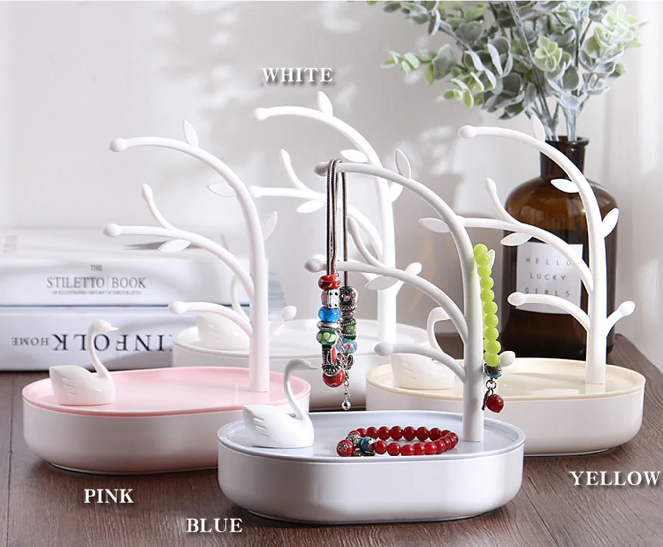 Tree Branch & Swan Jewelry Display Stand With Storage Base, Tree Tower Rack Holder Organizer for Ring Earrings Necklace Bracelet