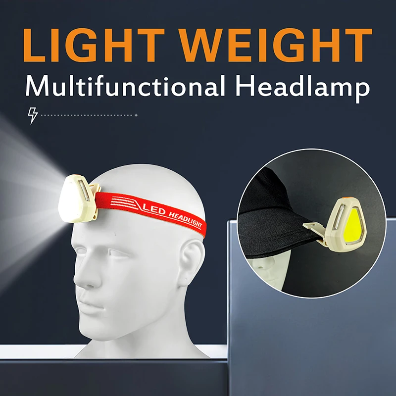 Multifunctional Chinese Headlight LED Light Hat Clip TYPE-C Charging Red Blue Warning Running Camping Work Rechargeable Battery