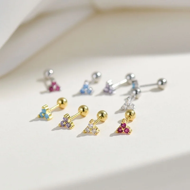 Hot Selling colored stone earrings stud 925 Sterling Silver Zircon Triangle Piercing Earrings Gold plated for women