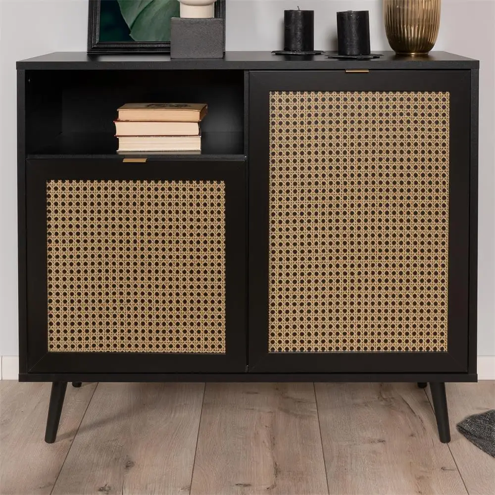 3 door wood and rattan buffet sideboard