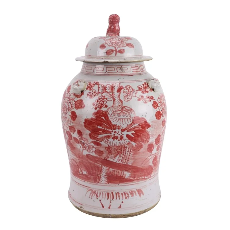 RZEY1218H-RED-S Jingdezhen Red Glazed Ceramic Vase with Lion Head Lid Floral Leaf Pattern Porcelain General Jar