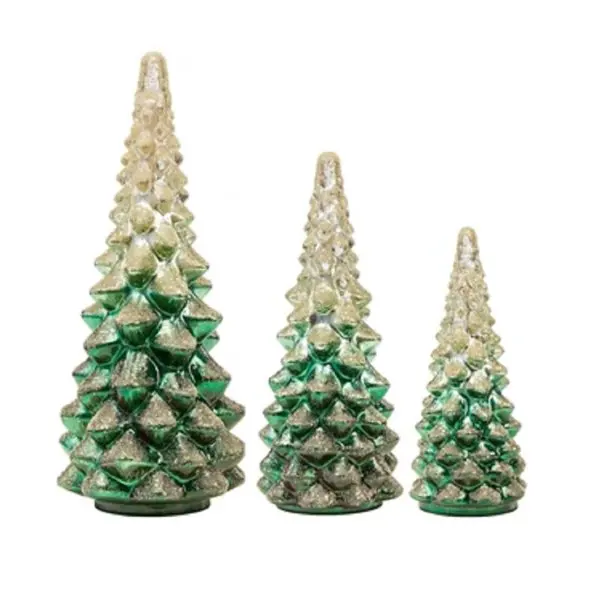 Set of 3 decorated led lighted up blue mercury hand blown glass Christmas tabletop tree