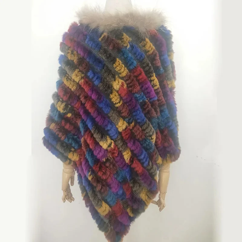 Women Knitted Loose Real Rex Rabbit Fur Poncho With Raccoon Fur Trimming Fashion Long Ladies Cape Female Natural Fur Shawl
