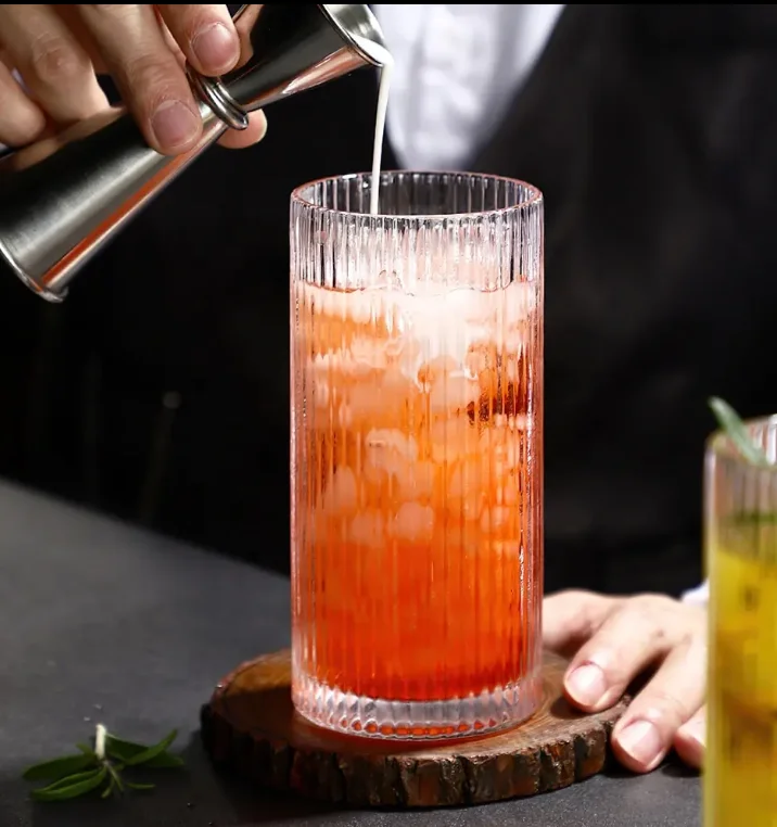 Vintage Vertical Striped Glass Cup Transparent Origami Style Ribbed Drinking Glasses