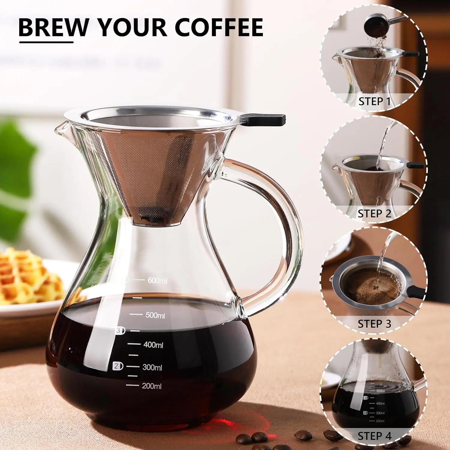 Pour Over Coffee Dripper for Coffee maker, Borosilicate Glass Carafe and Reusable Stainless Steel Permanent Filter