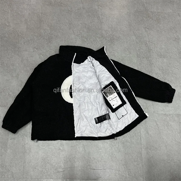 Custom high collar patchwork contrast logo fluffy sherpa fleece jacket for men