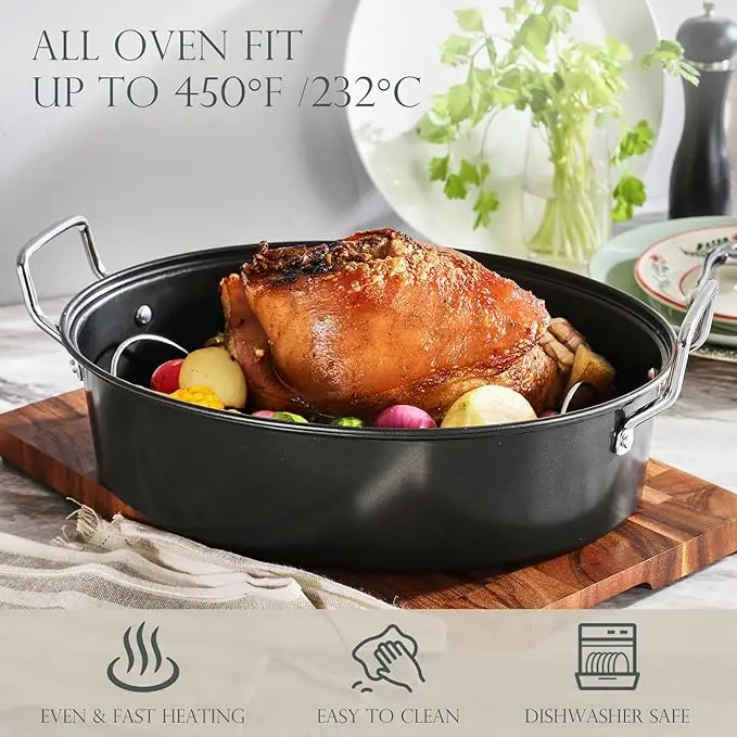 2024 Hot Extra Large Roasting Pan With Lid Non-Stick Turkey Roasting Pan With Rack Heavy Duty Oven-Safe Baking pan