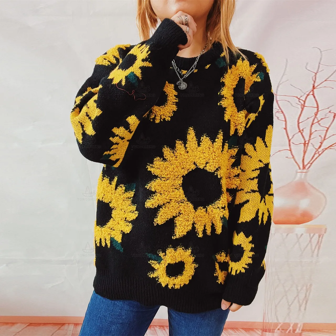Spring And Autumn Pullover Embroidered 3D Flower Pullover Jumper Jacquard Intarsia Cute Sunflower Sweater For Women