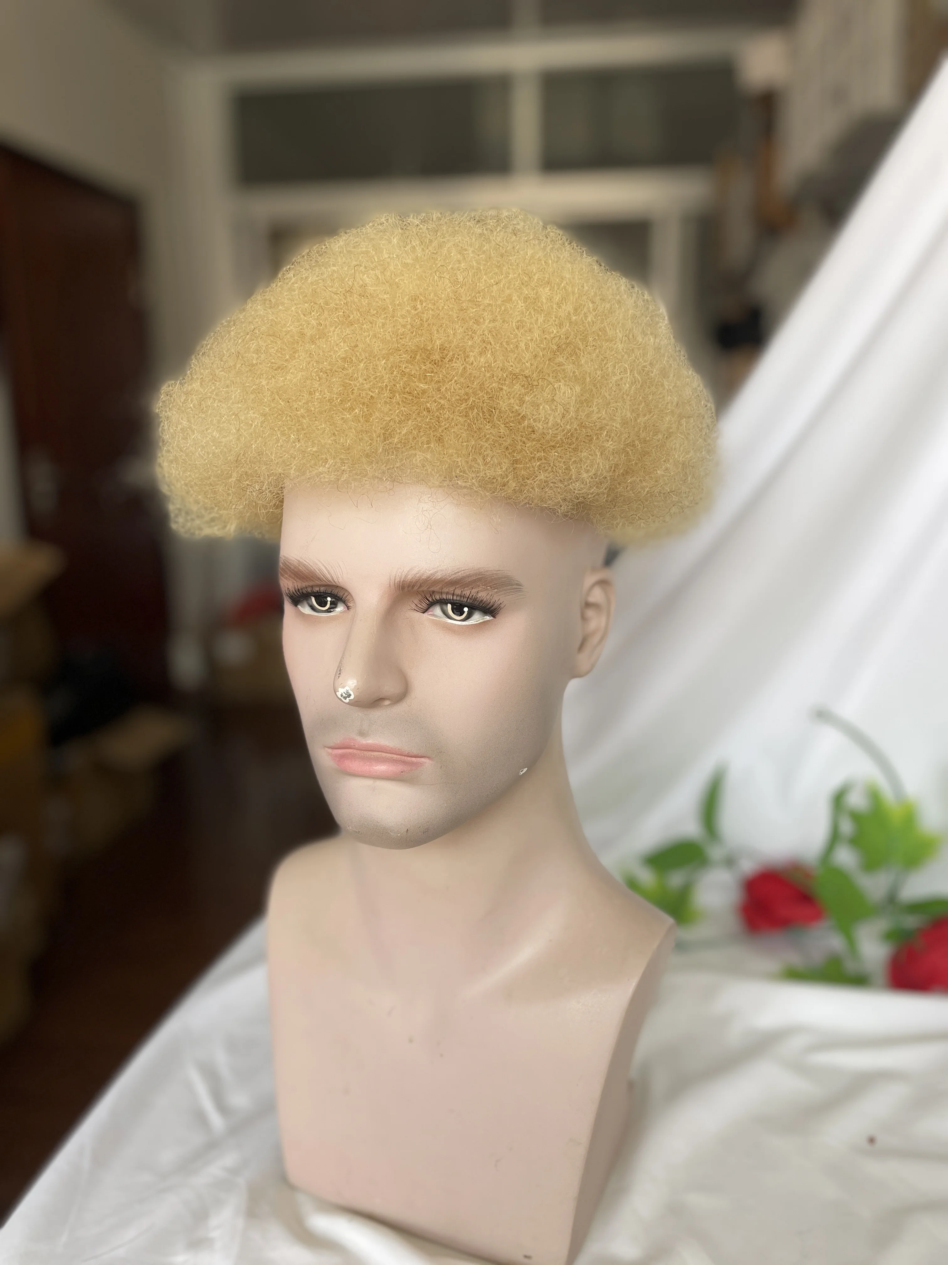 Mens Wigs Human Hair Afro Curly  8x10 inch Afro Curl Toupee for Black Men Full Lace Hair System #613 Blonde Men Toupee Hair Wig