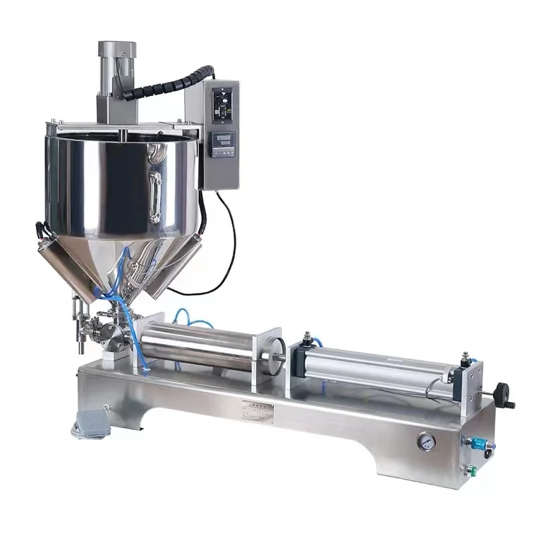 Paste Filling Machine With Heating Mixing Hopper Chocolate Honey Cream Hot Juice Sauce Jam Jar Filler Pneumatic Piston Filler P