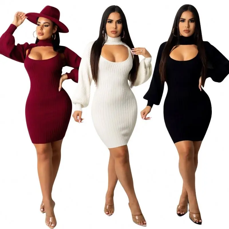 2021 New lantern sleeve half cape two piece set women halter solid dress slim bodycon prom evening dress  nightclub wear