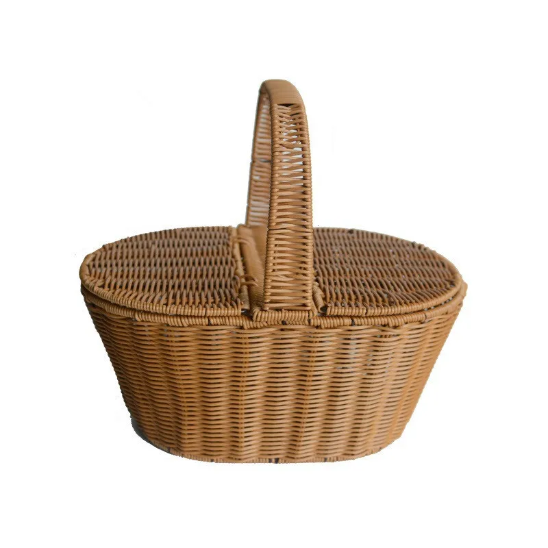 Handmade autumn rattan circular Folded Cover Outdoor Picnic Rattan Round Basket