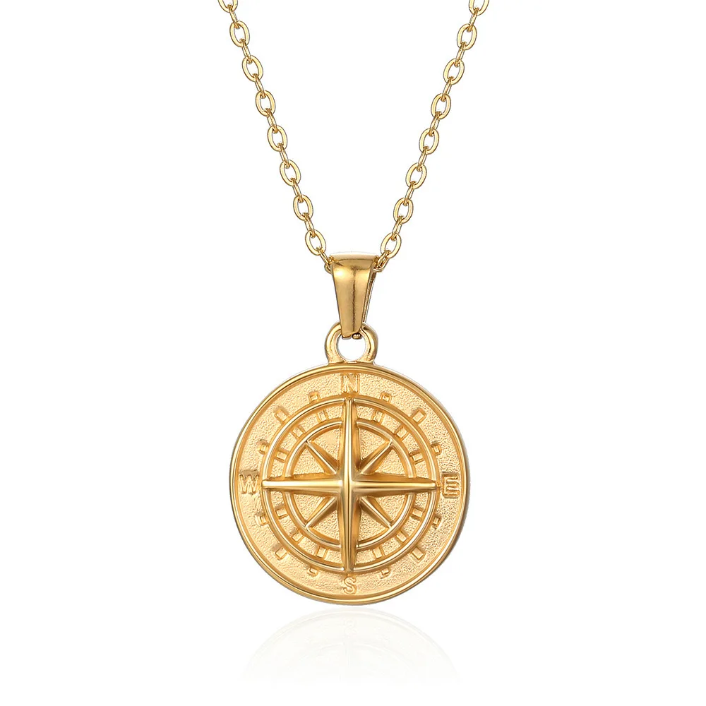 Compass stainless steel gold plated necklace for men and women