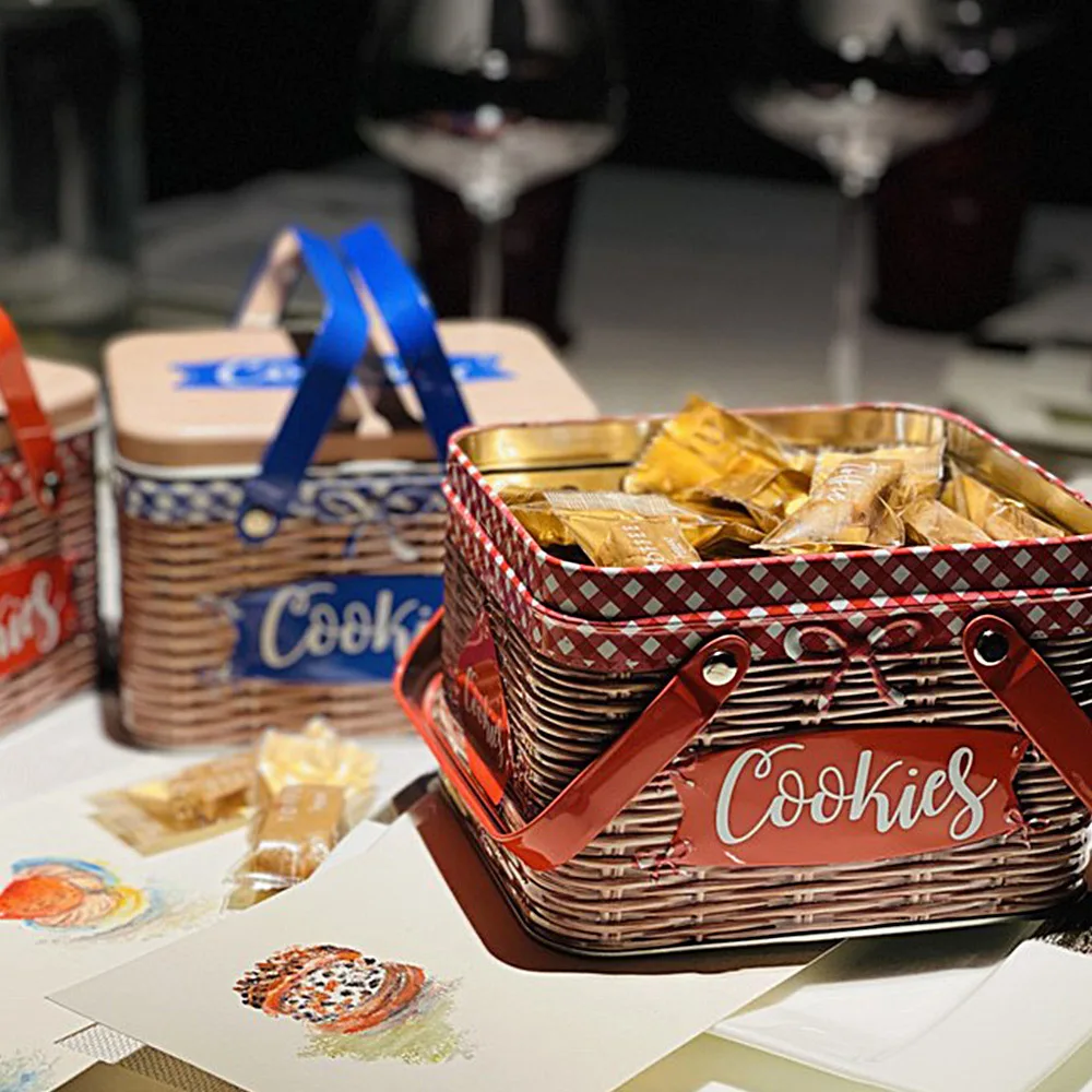 Personalized Airtight Vegetable Basket Shape Wedding Gift Metal Cookie Chocolate Container Rectangle Tin Box With Handle