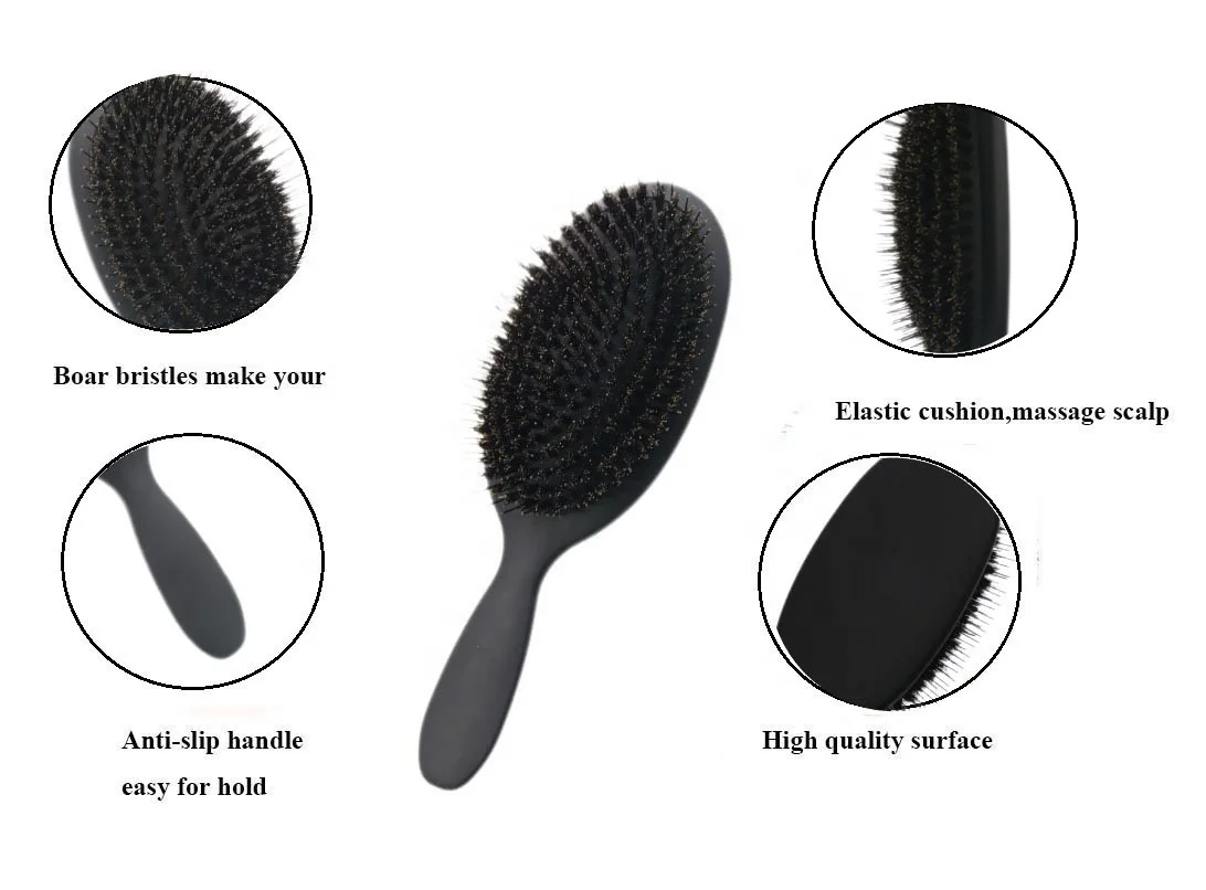HEYAMO Boar Bristle Brush Wholesale Private Label Soft Nylon Pin Cushion Boar Bristles Women Oval Black Hair Brush  L Size