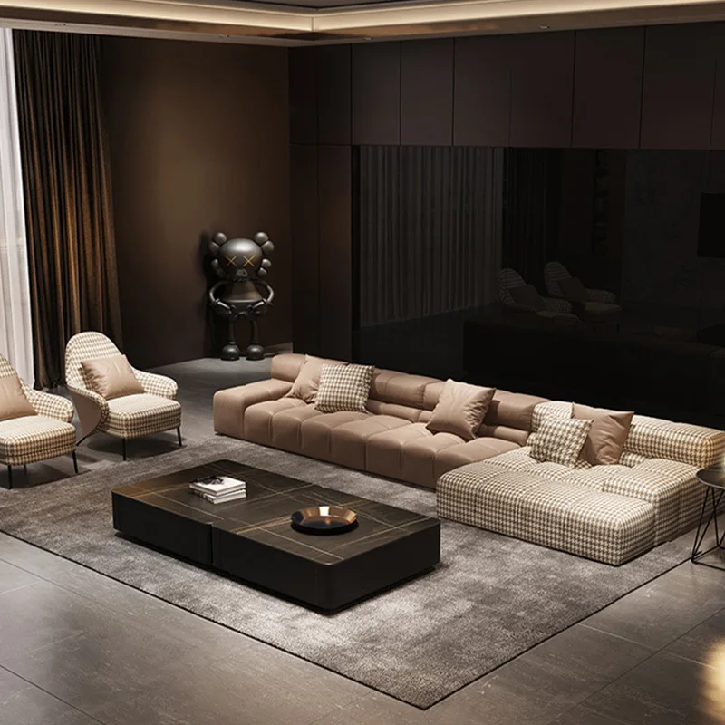 Italian Light Luxury Minimalist Module Square Free Combination Leather Sofa Living Room Simple Quiet Style Fabric Sofa