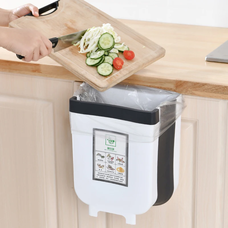 Plastic Folding Waste Bin Wall Mounted Trash Can Kitchen Cabinet Door Hanging Trash Can