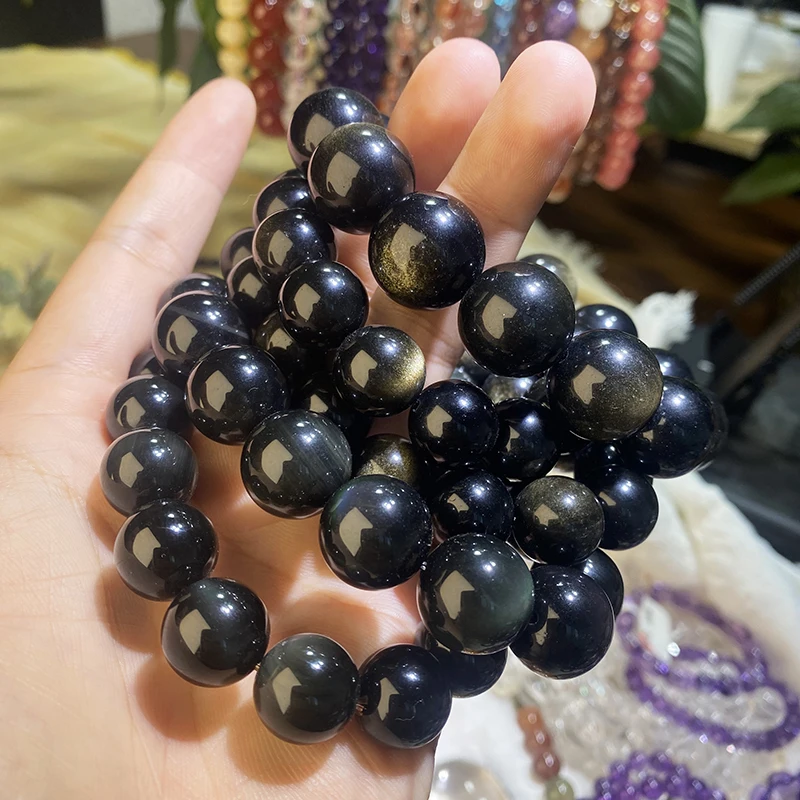 crystal spiritual bracelets crafts healing stone natural round golden sheen obsidian crystal bracelets for Women