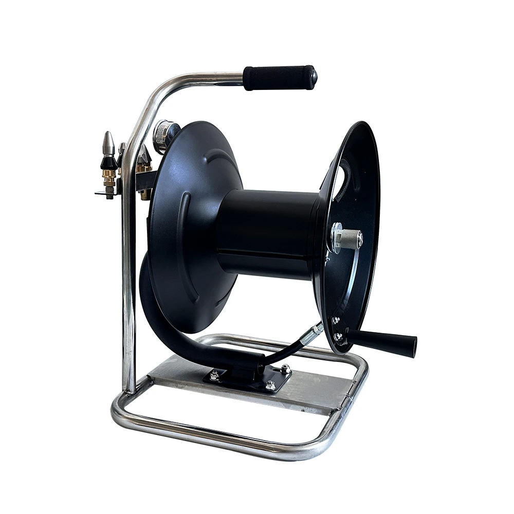 200FT 5000 Psi Hand Crank Heavy Duty Stainless Steel Hose Tube Reel Manual Pivoting Hose Reel for Power Washer Jet Wash