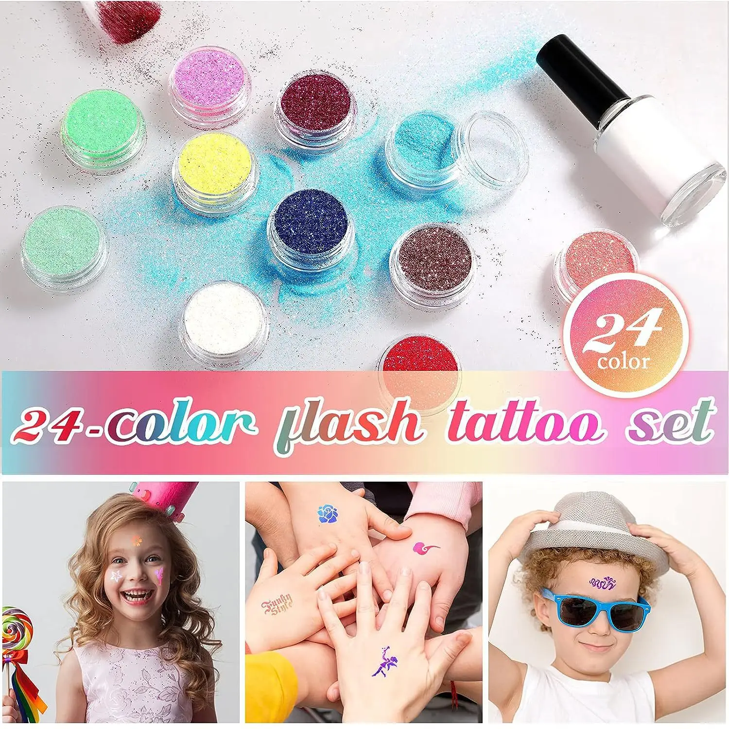 New Arrival Fashion Design 24 Colors Temporary Glitter Tattoo Kid Party Art Diy Glitter Set
