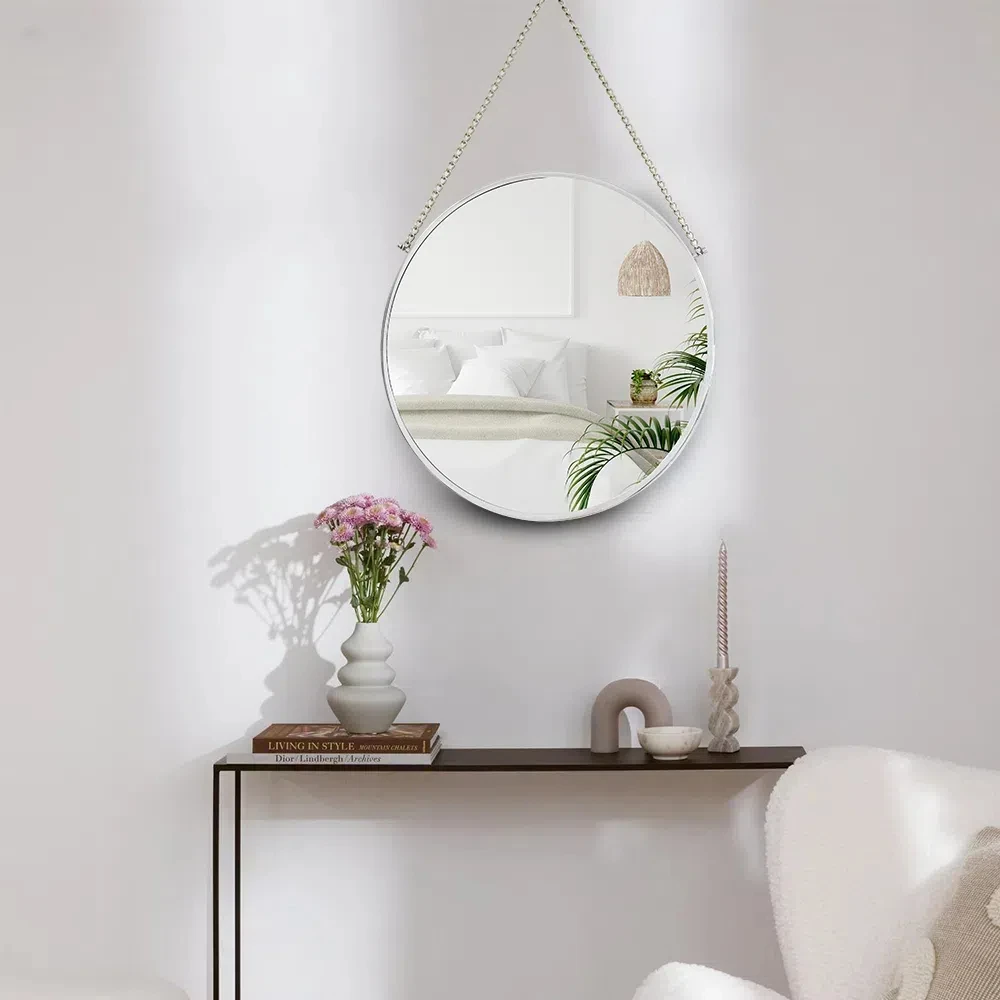 Hanging Wall Circle Mirror Decor Gold Vanity Round Metal Frame Mirror With Chain Hotel Bathroom Bedroom Living Room Wall Mirror