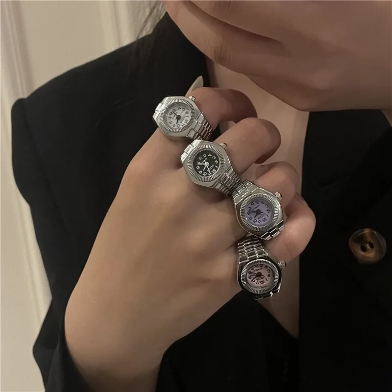 Retro Hiphop Ring Watch For Women Men Mini Silver Finger Ring Digital Watch Elastic Stretchy Watchband Jewelry Clock Gift