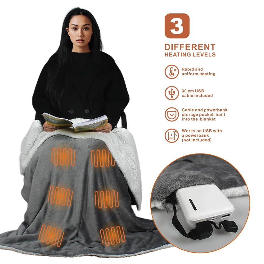 Custom Wholesale Eco-Friendly USB Rechargeable OEM Electric Heated Fleece Sherpa Blankets For Winter