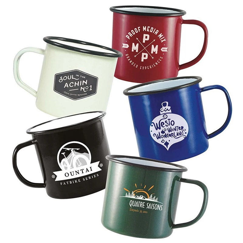 Wholesale 6/7/8/9/10/11/12/14cm 12oz Custom Logo Printed Metal Steel Outdoor Travel Enamel Camping Coffee Tea Cup Mug With Decal
