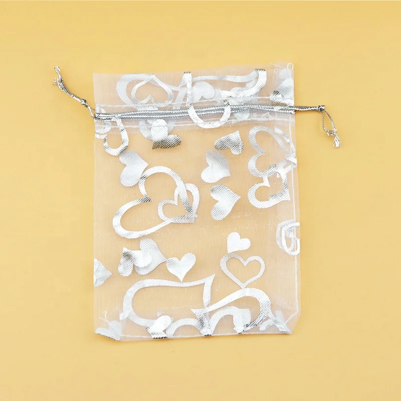 Wholesale 100pcs/lot White Organza Bag 7x9cm Silver Heart Print Wedding Jewelry Organizer Packaging Bags Pouches Nice Gift Bags