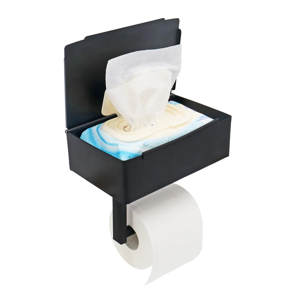 New Design Stainless Steel Black Phone Shelf Lid Flushable Wet Wipes Dispenser Storage Box Toilet Paper Roll Holder