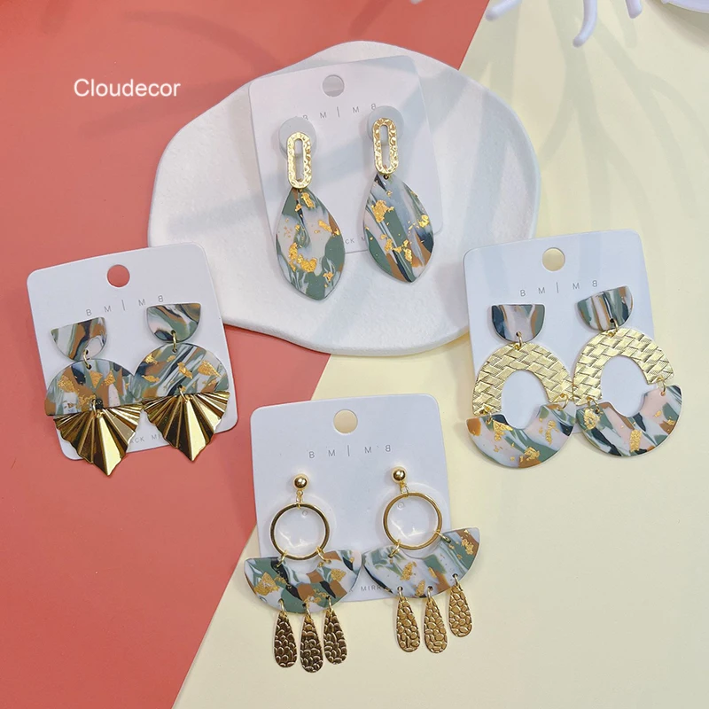 New Designer Metal Dangle Earrings Jewelry Handmade Gold Foil Polymer Clay Drop Earrings For Women Abstract Pattern Clay Earring