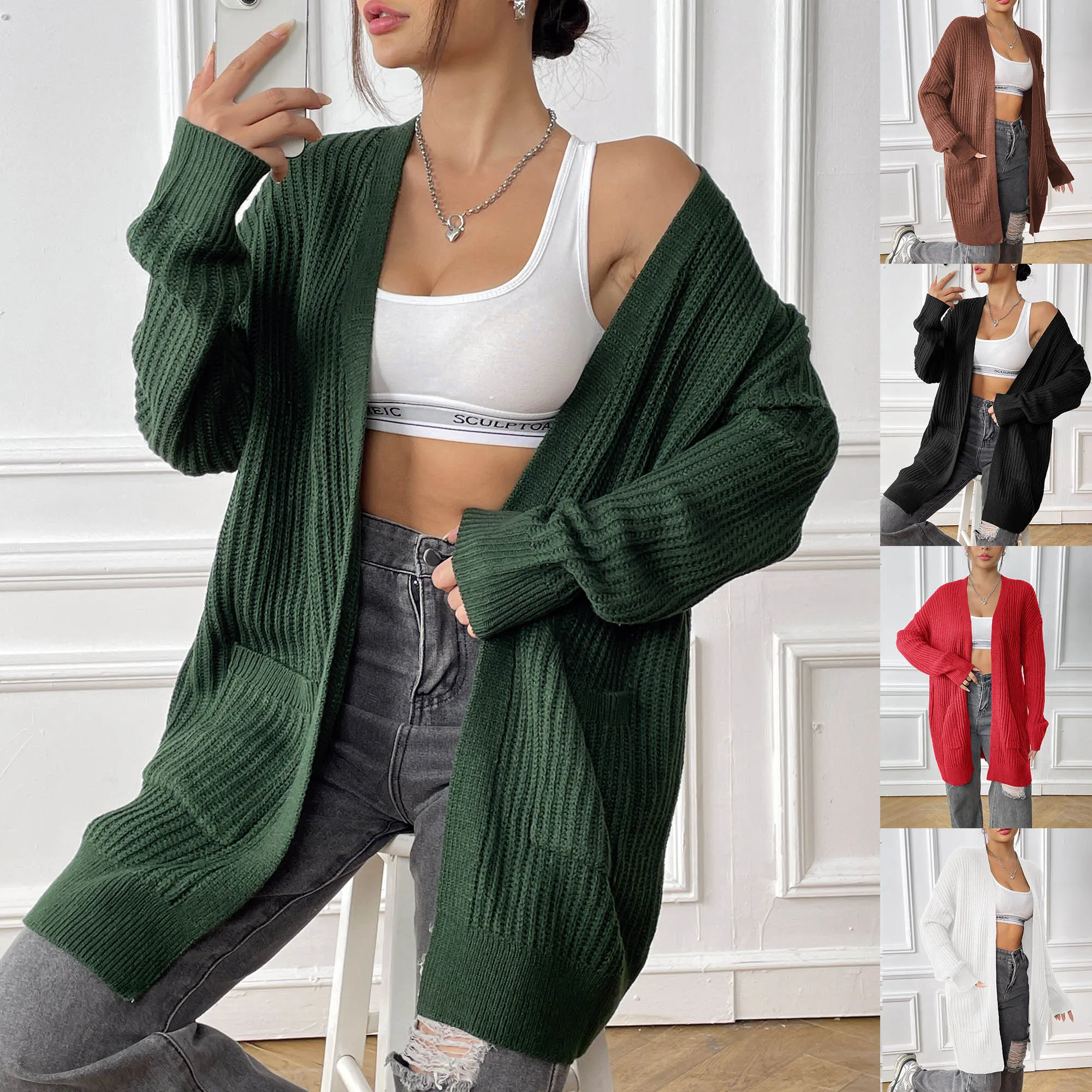Women cropped Ribbed Long Sleeve Solid Color Basic Knit Cardigan jacket  Ribbed Open Front Sweater Women Cardigan Sweaters coat